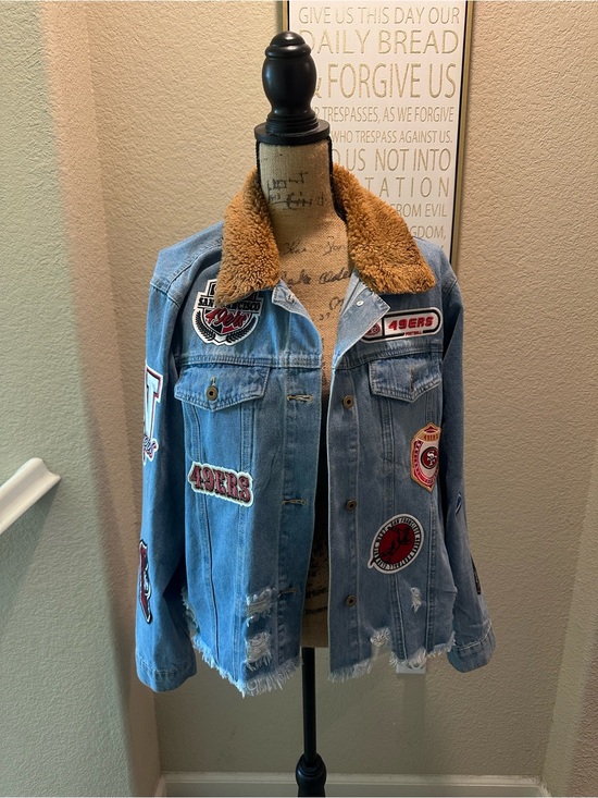 Nfl Apparel Jackets & Blazers - Light Blue Denim Jean Jacket with Tan Sherpa Collar - 49ers Patch Design